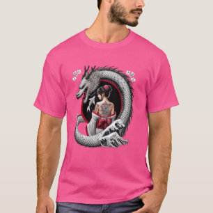 Camiseta Arte de Tatuagem de Geisha e Dragão