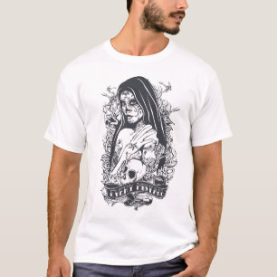 Camiseta Arte de Tatuagem de Mulher com Caveira Açucarada G