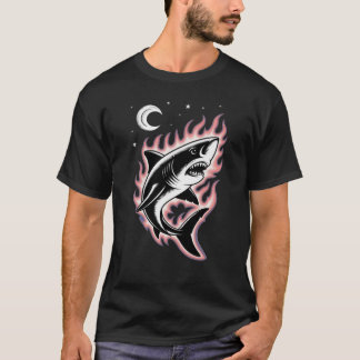 Camiseta Arte de Tatuagem de Tubarão Flamejante Vintage Cel