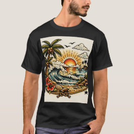 Camiseta Arte de Tatuagem Paraíso Tropical do Marinheiro Je