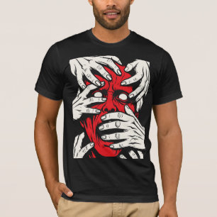 Camiseta Arte de Terror do Demônio Vermelho Cobrindo o Rost