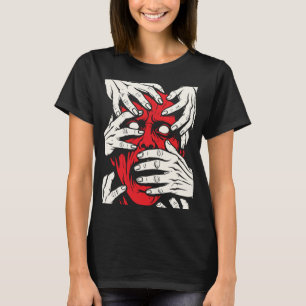 Camiseta Arte de Terror do Demônio Vermelho Cobrindo o Rost