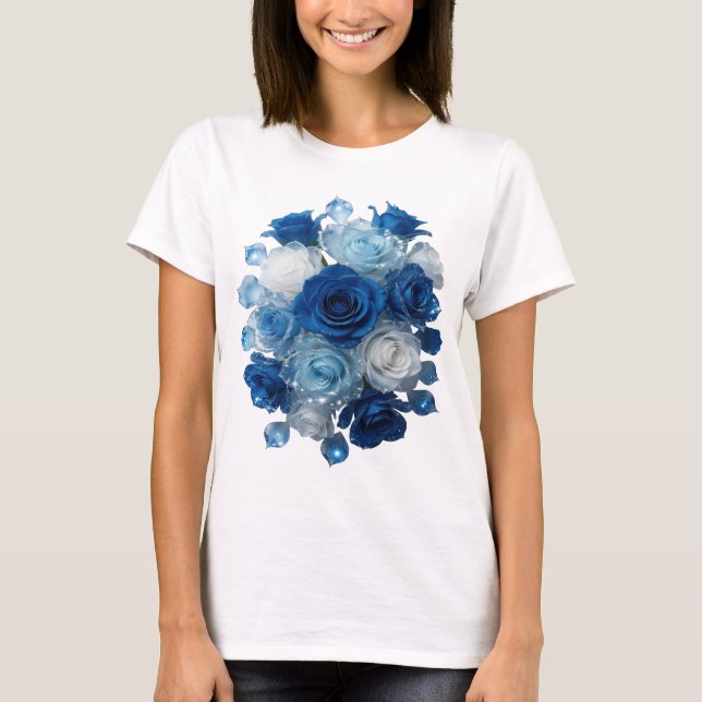 Camiseta Arte de Texto 3D de Rosas Azuis Prateadas da Moda (Frente)