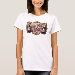 Camiseta Arte de Texto 3D em Rosa Artístico MAS PRIMEIRO RO