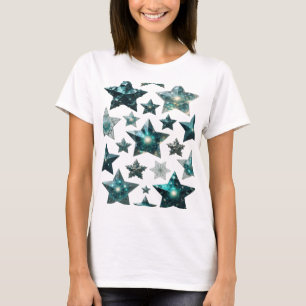Camiseta Arte de Texto 3D Estrelas Azuis Prata na Moda