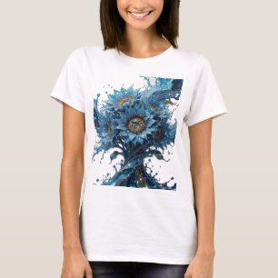 Camiseta Arte de Texto 3D Explosão Floral Azul em Ouro na M