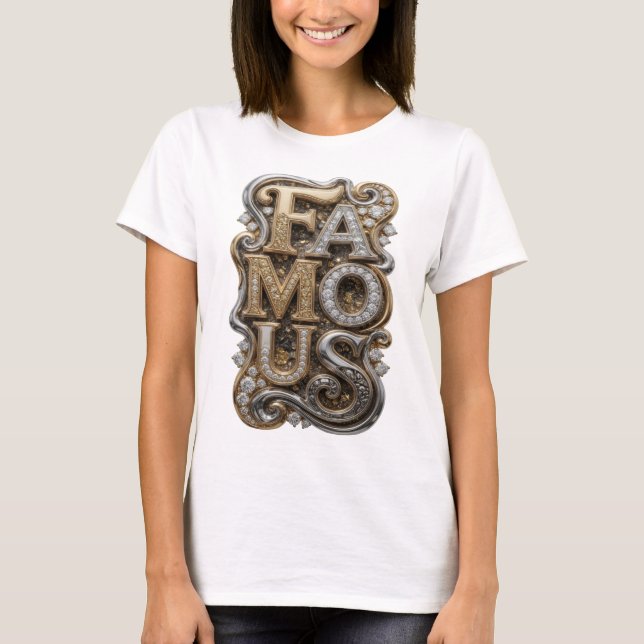 Camiseta Arte de texto 3D Prata Moderna FAMOSA (Frente)