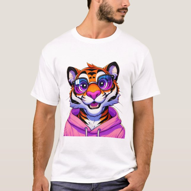 Camiseta Arte de Tigre com Capuz Rosa (Frente)