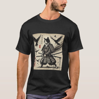 Camiseta Arte de Tinta Felina Samurai Desenho Estético Japo