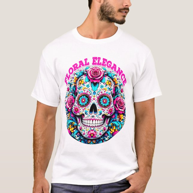 Camiseta Arte de um Crânio de Açúcar com Elegância Floral (Frente)