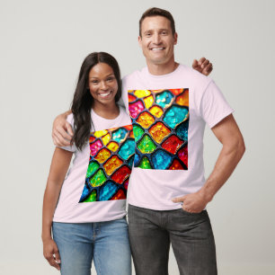 Camiseta Arte de Vidro Manchado em Tom de Joia com Design G