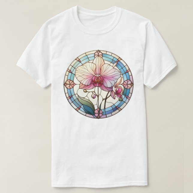 Camiseta Arte de Vidro Pintado com Orquídea (Frente do Design)