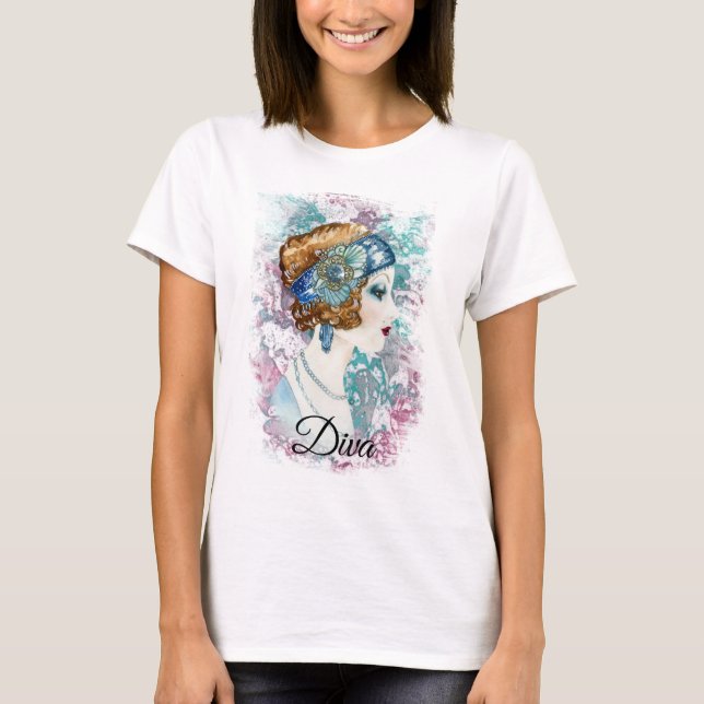 Camiseta Arte Deco 20 Fashion Diva Watercolor Art (Frente)