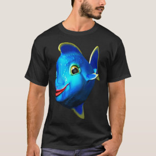Camiseta Arte Digital 3D de Peixe Azul Fofo Desenho Animado