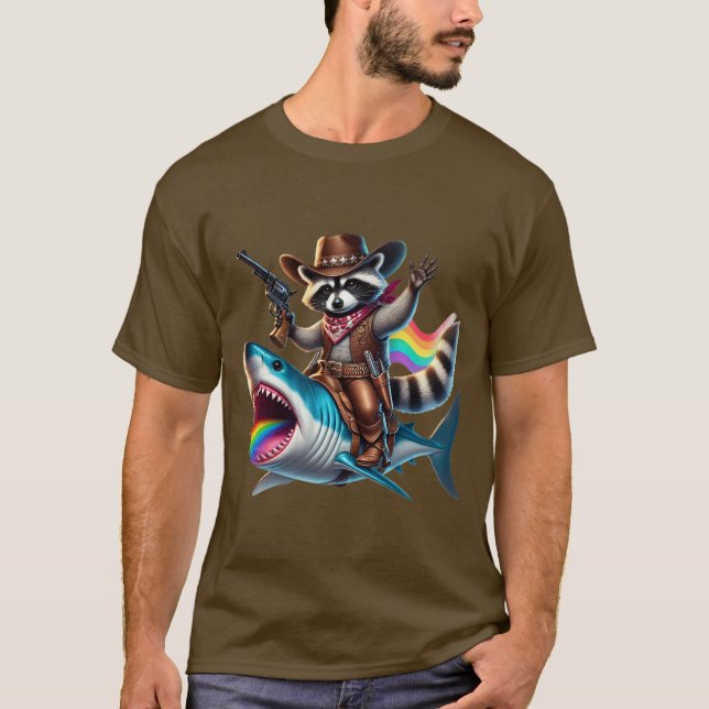 Camiseta Arte Divertida Vintage de Tubarão Guaxinim Cowboy  (Frente)