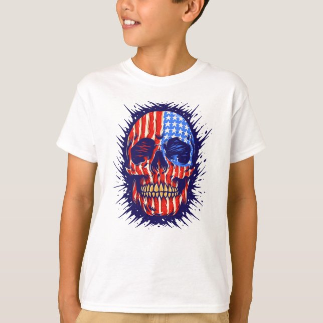 Camiseta Arte do Crânio da Bandeira Americana - Presente De (Frente)