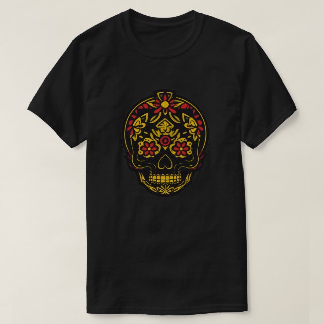 Camiseta Arte do crânio de açúcar - Preto, Vermelho e Doura (Frente do Design)