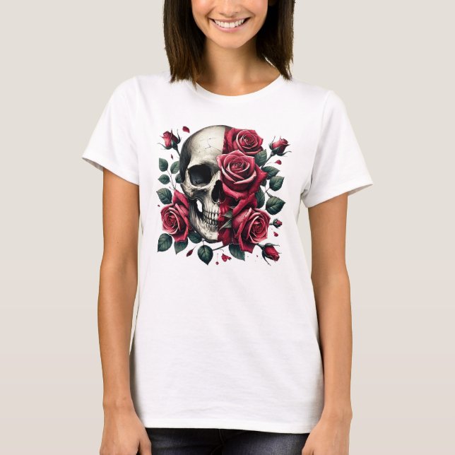 Camiseta Arte do crânio Elegante em Rosa vermelha (Frente)
