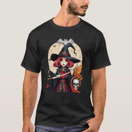 Camiseta Arte do Dia das Bruxas Mística com Caveira e Lua