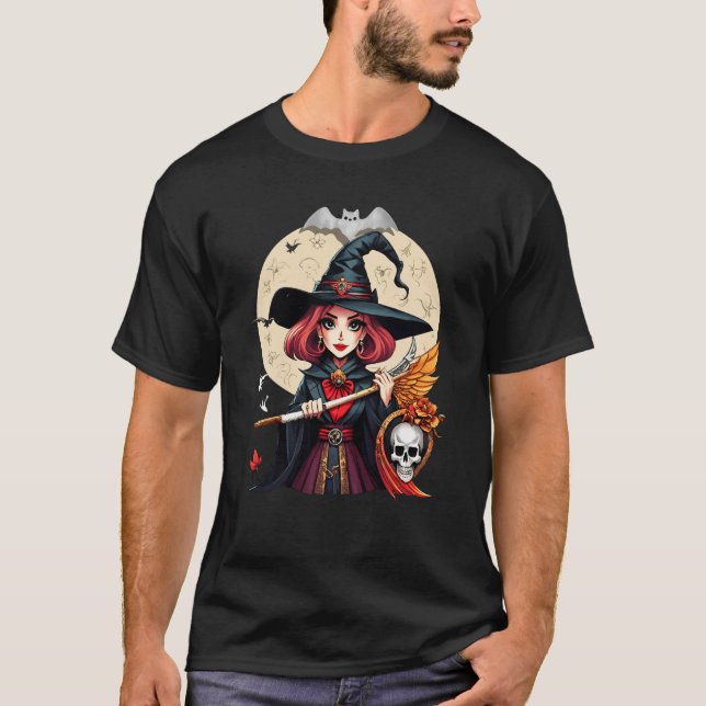 Camiseta Arte do Dia das Bruxas Mística com Caveira e Lua (Frente)