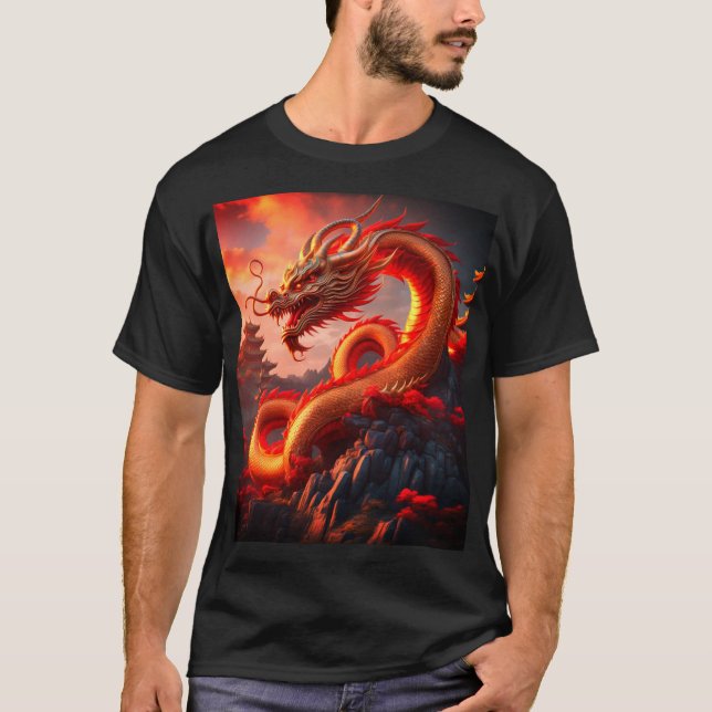 Camiseta Arte do Dragão de Fogo Vermelho Místico (Frente)
