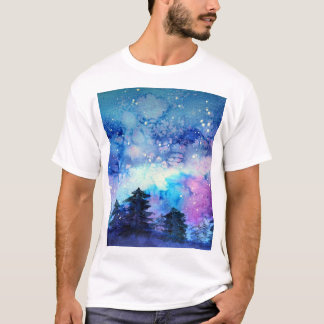 Camiseta Arte do Espaço de Aquarela: Árvores do Céu Noturno
