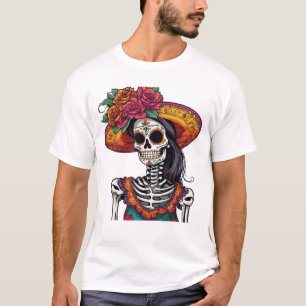 Camiseta Arte do Esqueleto da Catrina Mexicana