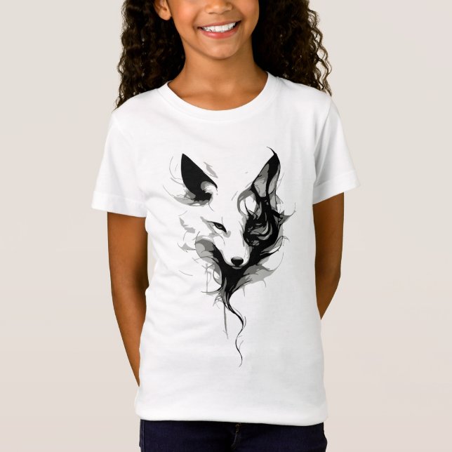 Camiseta Arte do Lobo Branco Elegante em Tinta Preta (Frente)