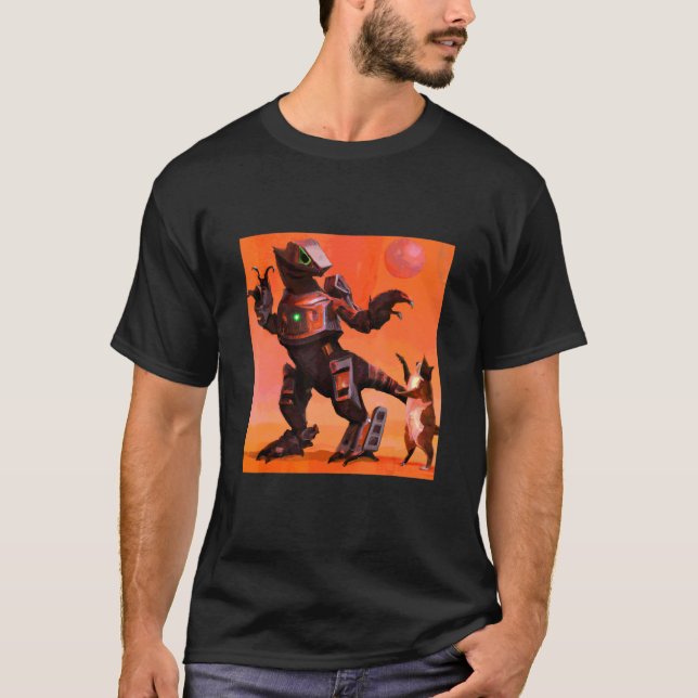 Camiseta Arte do Robô Rex Dançando Com Gato (Frente)