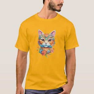 Camiseta Arte do Vinheta Floral de Cores Aquáticas de Gato