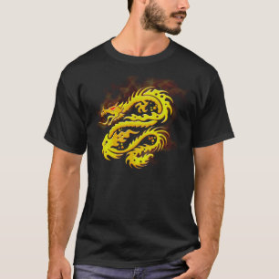 Camiseta Arte dourada ardente do dragão no t-shirt preto