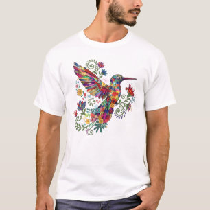 Camiseta Arte em Aquarela de Beija-flor Floral Colorida