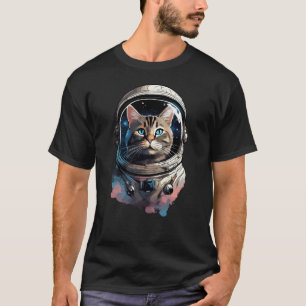 Camiseta Arte em Aquarela de Gato Astronauta no Espaço