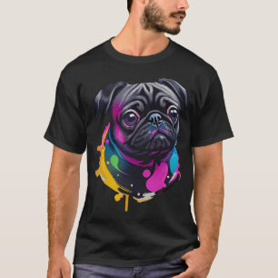 Camiseta Arte em Aquarela de Pug Preto Adorável - Pingos Di