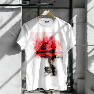 Camiseta Arte em Aquarela de Rosa Vermelha em Fundo Branco