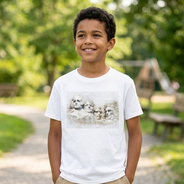 Camiseta Arte em Aquarela do Monte Rushmore Presidencial (Mount Rushmore Presidential Watercolor Art. Boy Basic White T-Shirt)