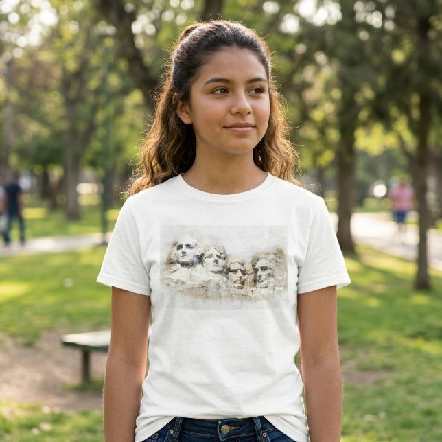 Camiseta Arte em Aquarela do Monte Rushmore Presidencial (Mount Rushmore Presidential Watercolor Art. Girl Basic White T-Shirt)