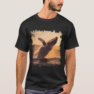 Camiseta Arte em Aquarela do Pôr do Sol com Baleia Saltando