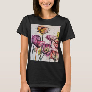 Camiseta arte em aquarela floral papoula roxa vermelha