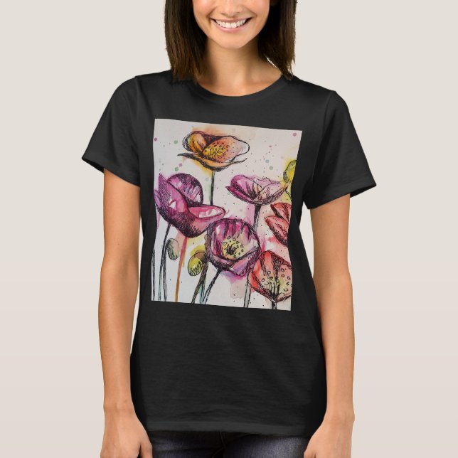 Camiseta arte em aquarela floral papoula roxa vermelha (Frente)