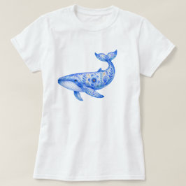 Camiseta Arte em Cerâmica de Baleia Azul com Tema Floral