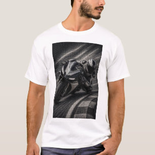 Camiseta Arte em Mosaico de Superbike de Corrida Monocromát