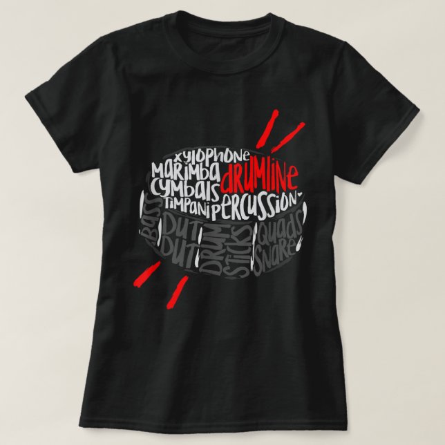 Camiseta Arte em Nuvem de Palavras de Marcha de Drumline (Frente do Design)