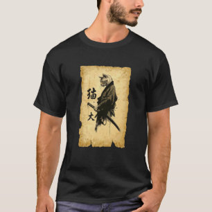 Camiseta Arte em Tinta Japonesa Vintage de Gato Samurai Uki