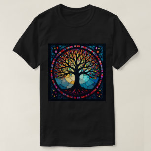 Camiseta Arte em Vidro Colorido, Árvore da Vida em Vidro Co
