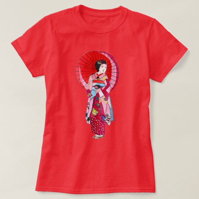 Camiseta Arte engraçada japonesa Geisha red kimono (Frente do Design)