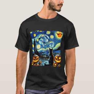 Camiseta Arte Estrelada de Halloween Noite Artística Gato P