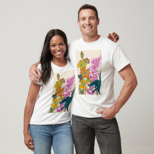 Camiseta Arte Floral Art Déco Vibrante Magenta e Laranja