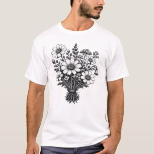 Camiseta Arte floral botânica linocut de flores silvestres