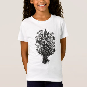 Camiseta Arte floral botânica linocut de flores silvestres